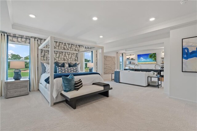 bedroom with light carpet and ornamental molding