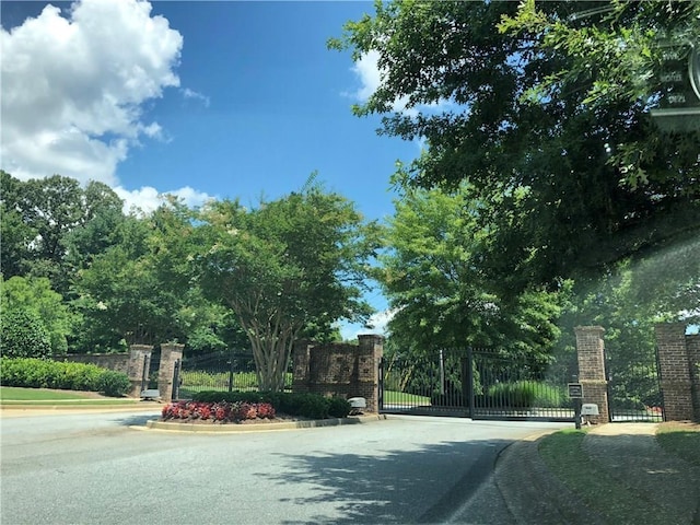 view of street featuring a gate, curbs, and a gated entry