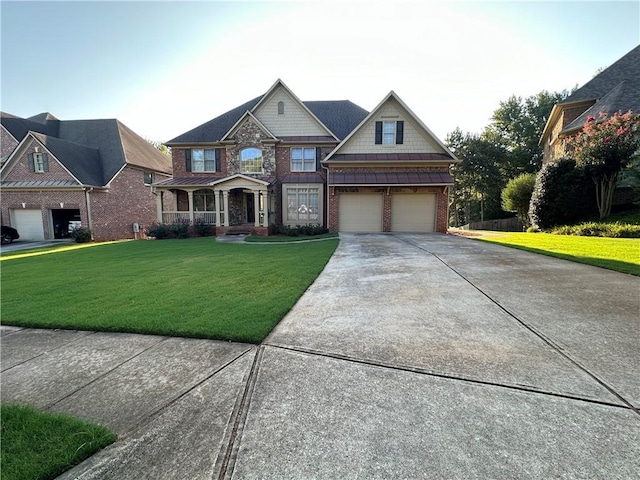 craftsman house featuring brick siding, an attached garage, concrete driveway, and a front lawn