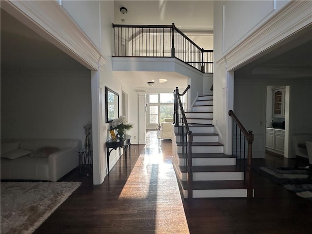 foyer with stairway, a high ceiling, and dark wood-style floors