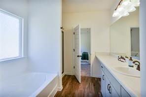 bathroom featuring hardwood / wood-style floors, vanity, and independent shower and bath