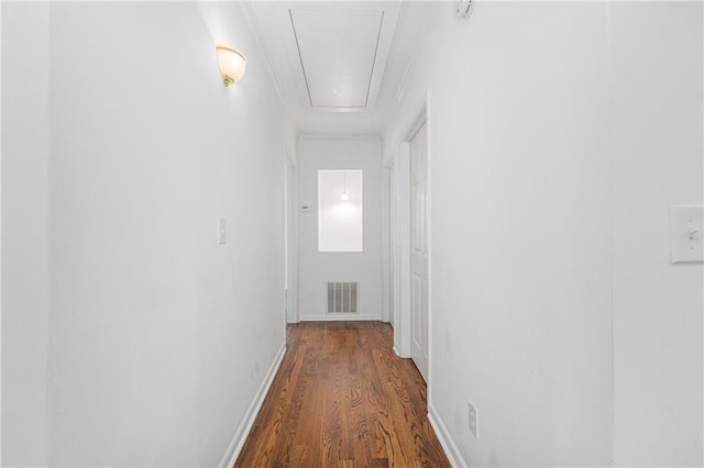 hallway featuring dark wood-type flooring and crown molding