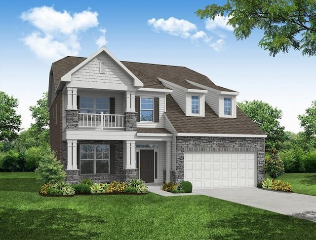 craftsman-style house with a balcony, a front lawn, and a garage