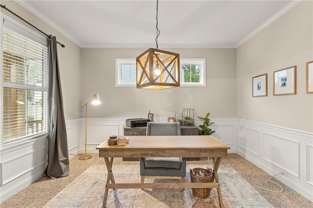 carpeted office featuring crown molding