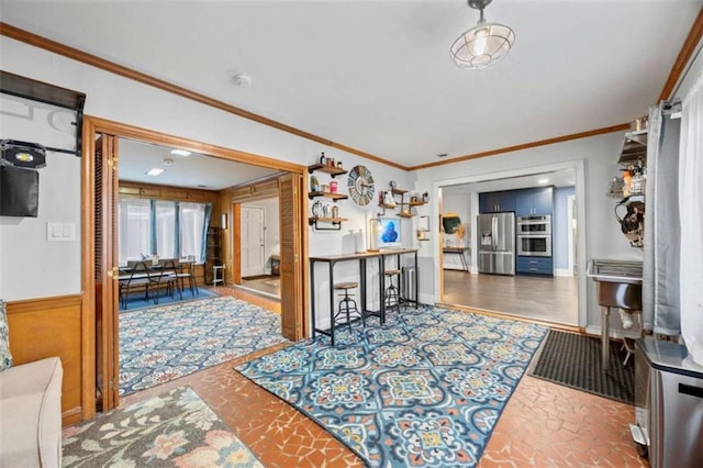 200 Mcguirts Bridge Rd, Covington, GA 30014 - kitchen with stainless steel fridge with ice dispenser and ornamental molding