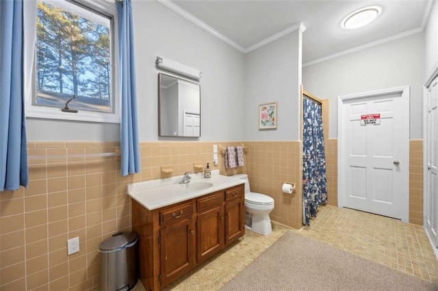 200 Mcguirts Bridge Rd, Covington, GA 30014 - bathroom featuring tile walls, vanity, toilet, a shower with shower curtain, and wainscoting