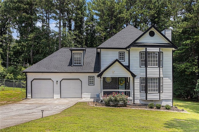 6492 Swift Creek Rd, Lithonia, GA 30058 - view of front of property with concrete driveway, a garage, a chimney, roof with shingles, and view of scattered trees