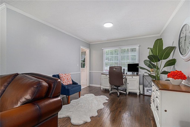 6492 Swift Creek Rd, Lithonia, GA 30058 - office featuring dark wood-style floors, a textured ceiling, and crown molding
