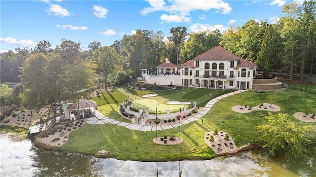 birds eye view of property featuring a water view