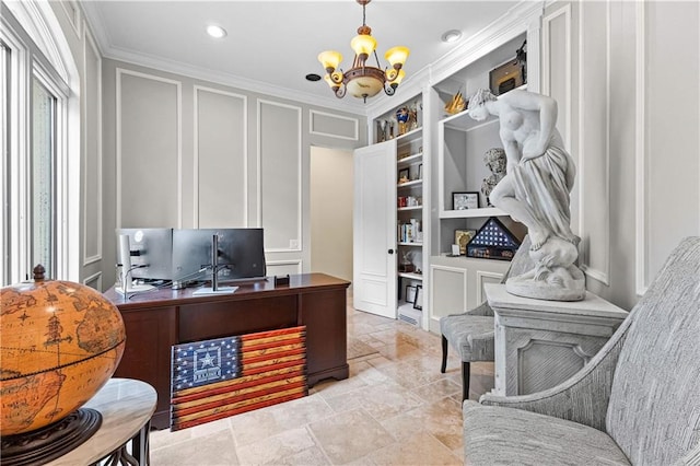 home office featuring a notable chandelier, built in features, and crown molding