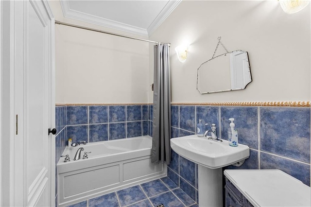 bathroom featuring a bathtub, ornamental molding, and tile walls