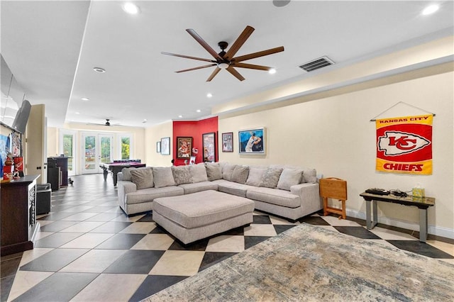 living room featuring ceiling fan, french doors, and billiards