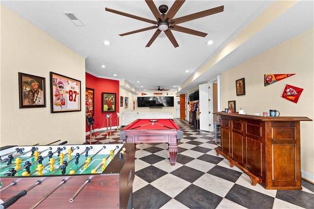 playroom with pool table, ceiling fan, crown molding, and indoor bar