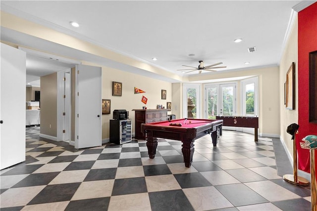 game room featuring ceiling fan, billiards, and crown molding