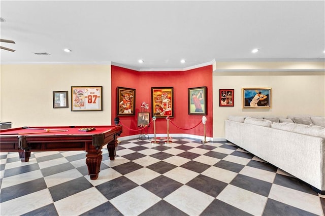 playroom with ceiling fan, crown molding, and pool table