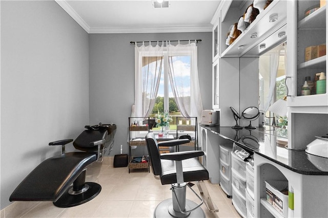 office featuring ornamental molding and light tile patterned floors