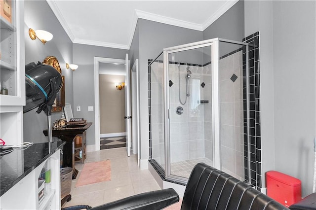 bathroom with walk in shower, ornamental molding, and tile patterned flooring