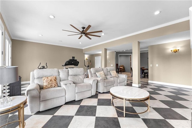 living room featuring crown molding and ceiling fan