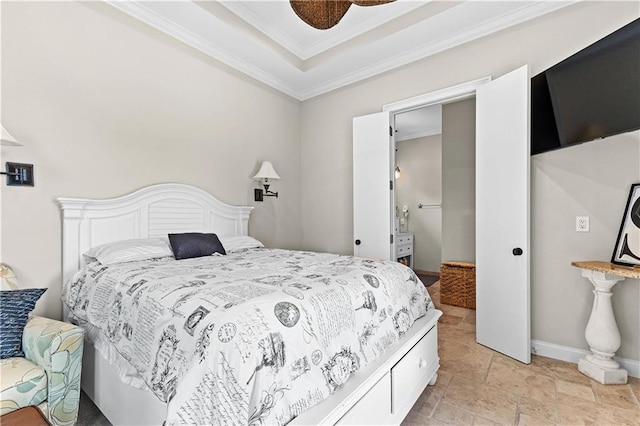 bedroom featuring ceiling fan and ornamental molding