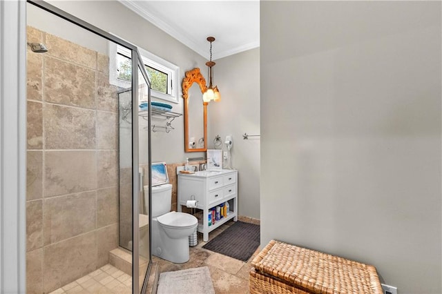 bathroom with walk in shower, ornamental molding, vanity, and toilet