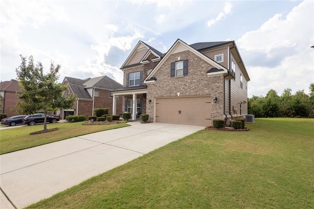 view of front facade featuring brick siding, central air condition unit, concrete driveway, an attached garage, and a front lawn