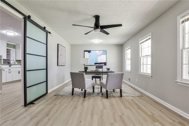office area featuring a barn door, ceiling fan, light wood finished floors, baseboards, and a textured ceiling