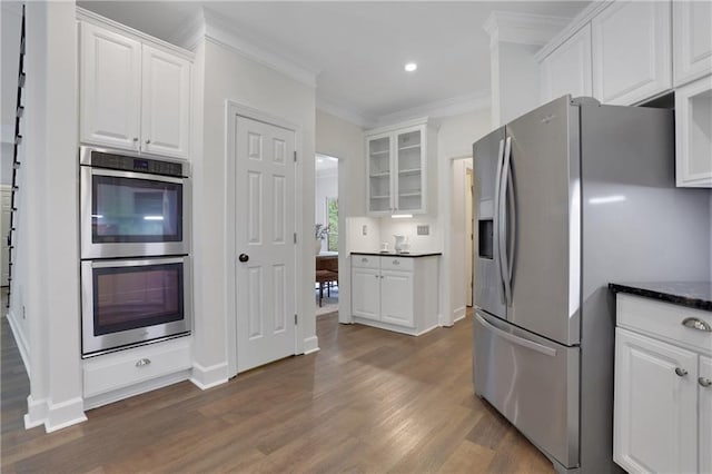 2255 Lenox Ridge Ct NE, Atlanta, GA 30319 - kitchen featuring appliances with stainless steel finishes, ornamental molding, white cabinets, dark wood-style flooring, and recessed lighting