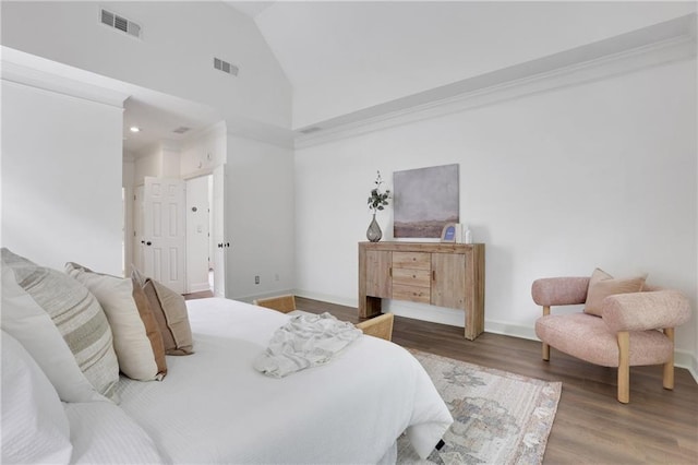 2255 Lenox Ridge Ct NE, Atlanta, GA 30319 - bedroom featuring high vaulted ceiling, baseboards, wood finished floors, and recessed lighting