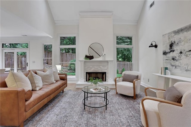 2255 Lenox Ridge Ct NE, Atlanta, GA 30319 - living area with plenty of natural light, high vaulted ceiling, a fireplace with raised hearth, and crown molding