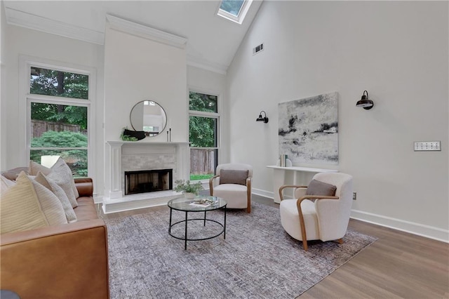 2255 Lenox Ridge Ct NE, Atlanta, GA 30319 - living room with wood finished floors, healthy amount of natural light, high vaulted ceiling, a fireplace with raised hearth, and baseboards