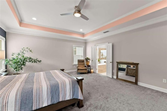 bedroom featuring ensuite bathroom, carpet floors, ceiling fan, and crown molding