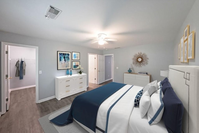 bedroom featuring ceiling fan, a closet, dark wood-type flooring, and a walk in closet