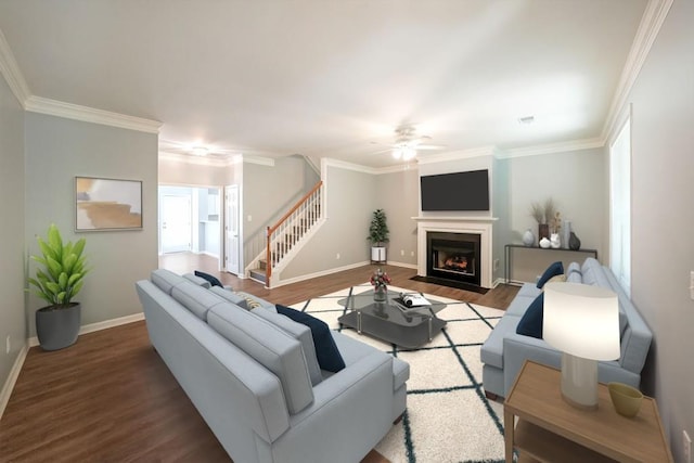 living room featuring ornamental molding, hardwood / wood-style flooring, and ceiling fan