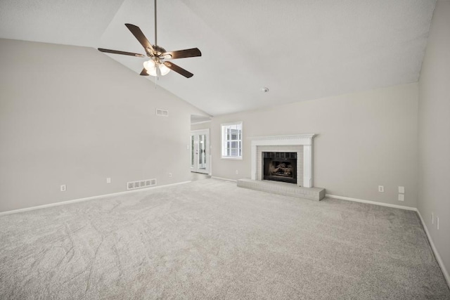 990 Trestle Dr, Austell, GA 30106 - unfurnished living room featuring ceiling fan, high vaulted ceiling, carpet, and a fireplace