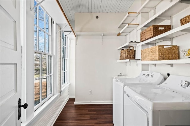 laundry room with dark wood-type flooring and independent washer and dryer