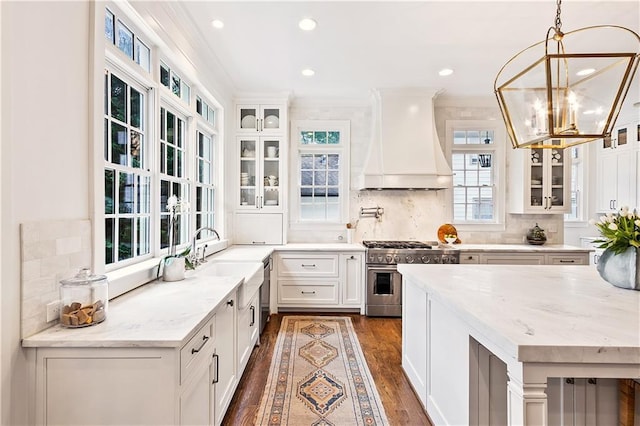 kitchen with glass insert cabinets, white cabinets, custom range hood, a sink, and high end stainless steel range oven