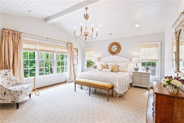 bedroom featuring visible vents, recessed lighting, wood ceiling, lofted ceiling with beams, and a notable chandelier