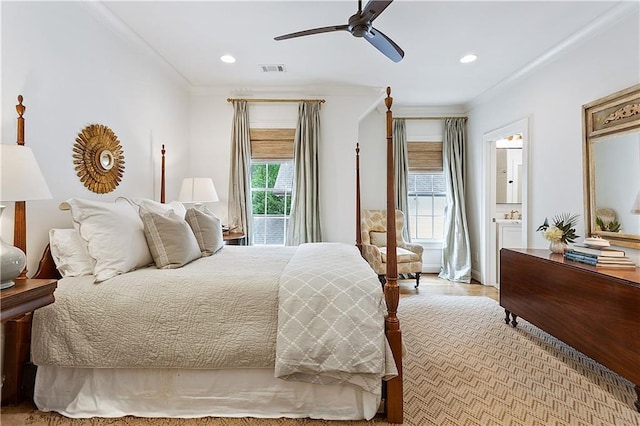 bedroom with ornamental molding, a ceiling fan, recessed lighting, and visible vents