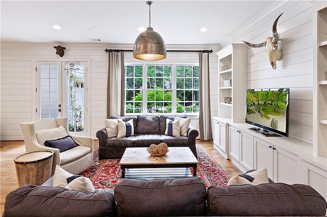 living room featuring recessed lighting and light wood-type flooring