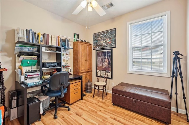 office area featuring ceiling fan and light wood-type flooring