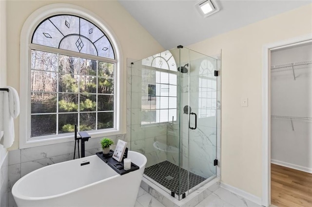 bathroom with a spacious closet, a freestanding tub, plenty of natural light, and a shower stall