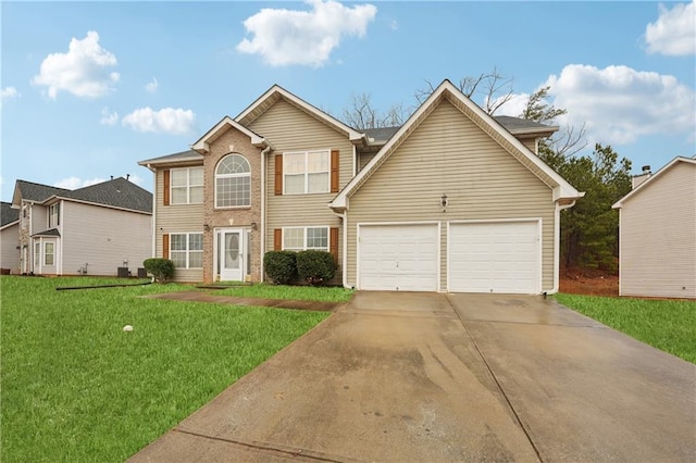 view of front facade with a front lawn, an attached garage, brick siding, and driveway