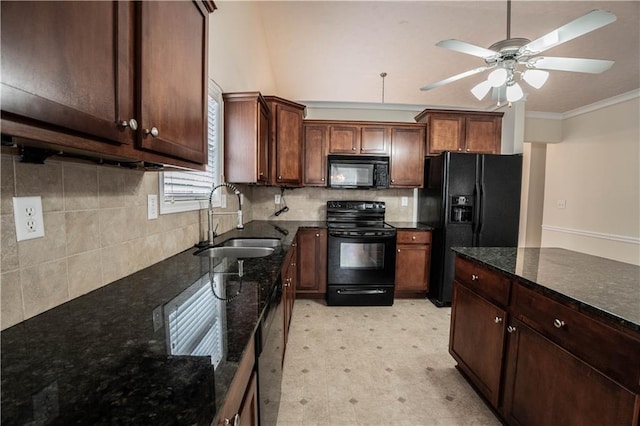 kitchen with black appliances, dark stone counters, sink, ornamental molding, and ceiling fan