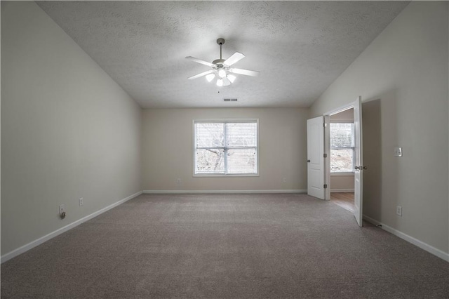 empty room featuring carpet, ceiling fan, plenty of natural light, and a textured ceiling