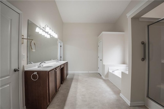 bathroom featuring vanity and plus walk in shower