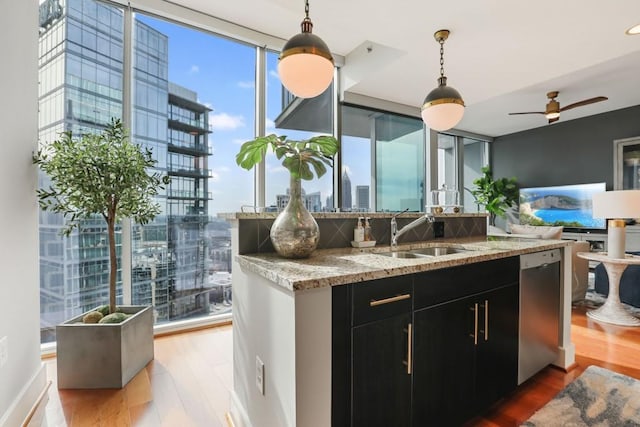 kitchen with wood finished floors, dark cabinetry, an island with sink, and a sink