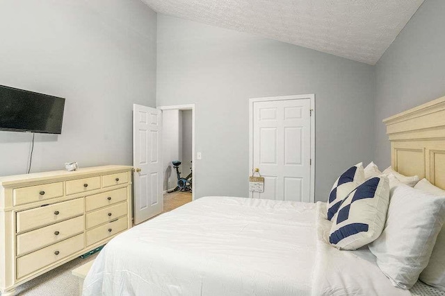 bedroom featuring lofted ceiling, light colored carpet, and a textured ceiling