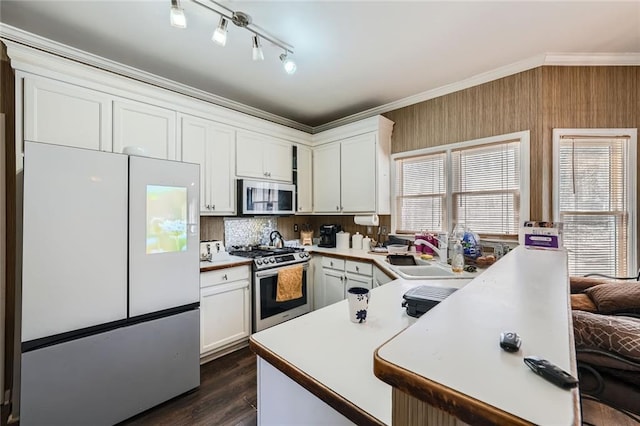 kitchen featuring stainless steel appliances, a peninsula, a sink, white cabinetry, and crown molding