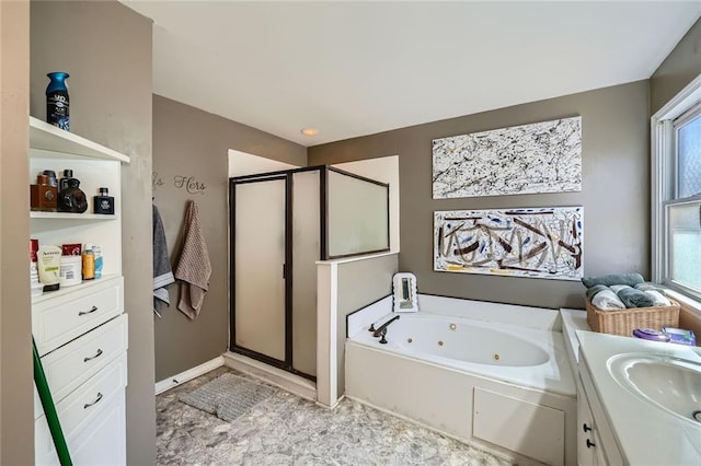 bathroom with a shower stall, a whirlpool tub, and vanity