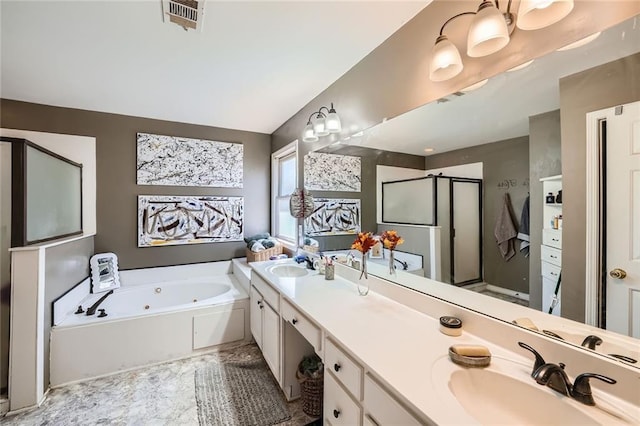 full bath featuring visible vents, a sink, a shower stall, and a tub with jets